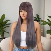 abordables Perruques Synthétiques Sans Bonnet-Perruque Synthétique Lisse Droit crépu Coupe dégradée Frange Droite Fabriqué à la Machine Perruque 28 pouces A1 Cheveux synthétiques Femmes Fête Classique Confortable Gris