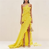cheap YELLOW-Mermaid / Trumpet Yellow Dresses Ruffle Dress Semi Formal Wedding Guest Dress Asymmetrical Sleeveless One Shoulder with Slit