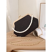 baratos Casamento ACC-Bolsa clutch vintage com alça de pérola para mulheres – elegante bolsa transversal de cetim texturizado para casamentos, festas noturnas e eventos formais