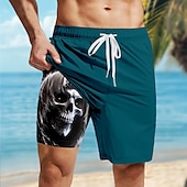 cheap Retro Vintage &amp; Ethic-Men&#039;s Skull Dark Gothic Lined Shorts 2 in 1 Board Shorts Swim Shorts Mid Waist Hawaiian Retro Vintage Holiday Beach Wear Side Pockets With Compression Liner Elastic Drawstring Waist Designer Clothing