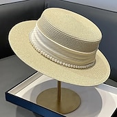 cheap Hats-Elegant French Ladies Sun Hat  Natural Grass Weave Pearl Embellishment  Flat Top Design UV Protection Ideal for Beach and Outdoor Use Beach Hat