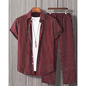cheap Men&#039;s Tee Sets-Men&#039;s Shirt Set T-shirt Suits 2 Pieces Outfits Tee &amp; Shorts Short Sleeve Shirt Collar Summer Stripes Fashion Casual 2 Piece Vacation Daily Wear Going out Black Red Brown Top Tee for Men