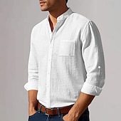 preiswerte Business Casual-Herren Baumwoll-Leinen-Hemd Tiefer Ausschnitt Einfach Urlaub Strand Schwarz Weiß Khaki Dunkelgray Langarm Großvaterkragen Sommer Frühling Bekleidung Tasche