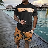 billiga T-shirts med tryck för män-Herr Palmträd 2st T-shirts uppsättningar Summer Tops Kortärmad Korta byxor Rund hals Ledigt Tillflykt Ledigt Utekväll Semesterkläder 3D-utskrift Sommar Blå Rodnande Rosa Grön