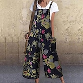 levne Grafické bavlněné plátěné kalhoty-Dámské overaly inspirované lnem, laclové kalhoty, streetwear, květinový střih, bez rukávů, výstřih do U, kapsy, potisk, street, denní, regular střih, žlutá, světle zelená, červená, léto