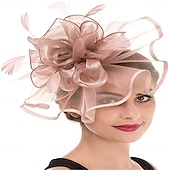 billige Fascinatorer-Hodeplagg Fjær Organza Fedora Hatt Bryllup Kveld Fest Te Fest Hesteløp Cocktail Vintage Sjarmerende Med Fjær Blomster Hodepryd Hodebekledning