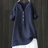 preiswerte Hemden-Damen Hemd Baumwoll-Leinen-Hemden Bluse Einfach Modern Lässig Langarm V Ausschnitt Normale Oberteile Täglich Ferien Ausgehen Knöpfe Schwarz Gelb Marineblau Beige Sommer