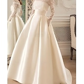 abordables robes de mariée décontractées-Robe de mariage vintage 1940s  1950s formelle A-Line en satin avec illusions manches longues longueurs au sol avec plis et perles