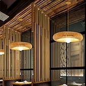 abordables Luces de isla-Lámpara de araña de bambú retro de ratán de 40 cm, lámpara de techo E26/E27, adecuada para salas de estar, dormitorios, restaurantes, cafeterías, bares y clubes, 110-240 V.