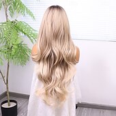 abordables Perruques synthétiques à dentelle-Perruque en dentelle synthétique Ondulation naturelle Style 30 pouce Blond Raie au milieu dentelle frontale 13x 6 Perruque Femmes Perruque Or clair
