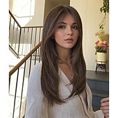 billige Syntetiske trendy parykker-naturlige lange parykker for kvinner med frynser syntetisk varmebestandig hår ombre brun parykk for daglig fest cosplay bruk