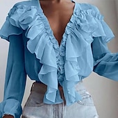 economico Top Semplici da Donna-Camicia da Donna Blusa Bottone Colore Solido Fiorita Piana Stile Casual a Maniche Lunghe V Collo Top Regolari Quotidiani Rouches Nero Bianco Rosa Blu Estate Primavera