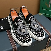 levne Pánské nazouváky a mokasíny-pánské černé slip-on tenisky s cvočky a kamínkovými detaily - módní společenské boty pro taneční akce a speciální příležitosti