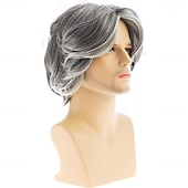 economico Parrucche uomo-parrucca da uomo corta grigia a strati sintetica per costume cosplay di Halloween per uomo