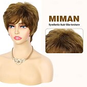 abordables perruque plus âgée-Perruque courte brune coupe lutin, perruques courtes en cheveux superposés avec frange, perruque de remplacement en cheveux synthétiques duveteux pour femmes, perruques de costumes d&#039;Halloween
