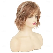 cheap Older Wigs-Womens Light Brown Short Wig with Bangs Layered Natural Fluffy Hair Wig for Daily Party Use