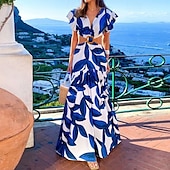 abordables Robes fleuries décontractées-Femmes Robe Longue Maxi Robe Robe de Soirée Robe Imprimée Mode Soirée Fête du thé Sortir Coupe régulière Fleur Manche Courte Col en V Bleu Été