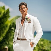 abordables Costumes de mariage-Costumes de mariage d&#039;été en lin pour hommes, blanc, bleu ciel, mode, demi-doublé, léger, couleur unie, coupe standard, 2 pièces, simple boutonnage, un bouton