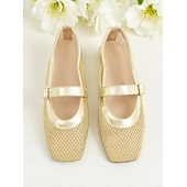 cheap Women&#039;s Flats-Women&#039;s Gold Mesh Mary Jane Flats – Elegant Low Heel Date Shoes with Buckle Strap for Casual Outings and Daily Wear