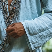 preiswerte Straße-Herren Hemd leinenhemd Popover-Hemd Sommerhemd Strandbekleidung Einfach Urlaub Ferien Himmelblau Langarm Tiefer V-Ausschnitt Sommer Frühling Bekleidung Ethnisch &amp; Religiös