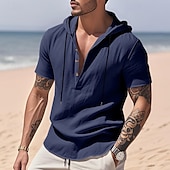preiswerte Baumwoll-Leinenhemd-Herren Hemd Leinenhemd Popover-Hemd Freizeithemd Baumwollhemd Einfach Urlaub Straße Schwarz Weiß Gelb Marineblau Kurzarm Mit Kapuze Sommer Bekleidung Button-Down