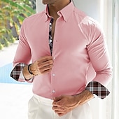 preiswerte Geometrische Muster-Herren Geometrisch Karo / Karomuster Hemd Sommer Hawaiihemd Knopfhemd Langarm Hawaiianisch Alltagskleidung Lässig Strandbekleidung Sommer Frühling Umlegekragen 3D-Druck Leinenähnliches Hemd Rosa Blau