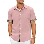 cheap Men&#039;s Button Up Shirts-Men&#039;s Shirt Summer Shirt Casual Shirt Beach Shirt Button Up Shirt Light Pink Short Sleeve Plain Lapel Vacation Hawaiian Clothing Apparel Polyester Fashion Casual Comfortable
