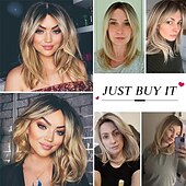 voordelige oudere pruik-blonde pruiken voor vrouwen schouderlang gelaagd haar met donkere wortels synthetische korte pruik met pony voor dagelijks gebruik of cosplay