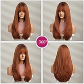 economico Parrucche trendy sintetiche-Parrucche lunghe e lisce in rame per donne, parrucche sintetiche naturali con effetto ombré e frangia per l&#039;uso quotidiano alle feste