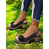 cheap Casual Sandals-Women’s Floral Cutout Slingback Sandals – Comfortable Chunky Heel Summer Sandals for Casual &amp; Garden Party Wear