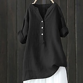 preiswerte Hemden-Damen Hemd Baumwoll-Leinen-Hemden Bluse Einfach Modern Lässig Langarm V Ausschnitt Normale Oberteile Täglich Ferien Ausgehen Knöpfe Schwarz Gelb Marineblau Beige Sommer