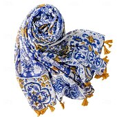 abordables Mangas &amp; Bufanda-Bufanda con estampado bohemio azul, 100 % poliéster, transpirable. &amp;Chal de playa decorativo, resistente al sol, con flecos, estilo bohemio inelástico, lavable a mano - sin plumas