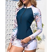 preiswerte Hautausschlagswächter-Damen Rash Guard Badeanzug UV-Sonnenschutz UPF50+ Leicht Langarm Spandex Bademode Badeanzug Frontreißverschluss Schwimmen Surfen Strand Wassersport Blumenmuster Sommer Frühling Herbst