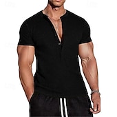 preiswerte Basic-T-Shirts-Herren T Shirt Henley Hemd T-Shirt Kurzarmshirt Kurzarm Henley Sommer Frühling Einfach Mode Designer Basic Knöpfe Urlaub Straße Ausgehen Schwarz Blau Grün Top T-Shirt für Herren