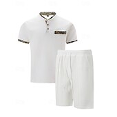 cheap Men&#039;s Tee Sets-Men&#039;s Waffle Shirt T-shirt Suits 2 Pieces Outfits Tee &amp; Shorts Short Sleeve Standing Collar Summer Color Block Fashion Casual 2 Piece Front Pocket Vacation Daily Wear Going out Black White Royal Blue