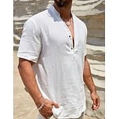 cheap Vacation-Men's Shirt Linen Shirt Popover Shirt Summer Shirt Beach Wear Henley Shirt Solid Color Vacation Dailywear White Sky Blue Short Sleeve Stand Collar Summer Spring Clothing Apparel