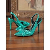cheap 1950s-Women&#039;s 1950s Style Metallic Green Bow Heels – Elegant Pointed Toe Slingback Stilettos for Party, Prom &amp; Vintage Glam Looks