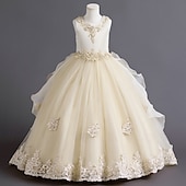 billige Blomsterkjoler-Blomsterpikekjole Barn Jente Prinsesse kjole Ytelse Bryllup Fest Elegant Vakker Netting Helfarge Ermeløs Crew-hals Vinrød Hvit 4 år +