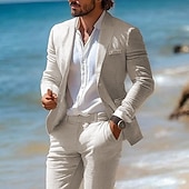 cheap Beach Suits-Men&#039;s Summer Wedding Linen Suits Beige Half Lined Lightweight Casual Solid Colored Standard Fit 2 Piece Single Breasted One-button