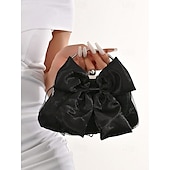 cheap Clutches &amp; Evening Bags-Women&#039;s Satin Bow Evening Clutch Bag – Elegant Pearl Frame Handle Purse for Brides, Weddings, Cocktail Parties and Formal Events Silver Black White