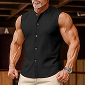 preiswerte Fitness Tank-Tops-Herren leinenhemd Tank Top Weste Unterhemd Ärmellos Rundhals Mandarinkragen Sommer Frühling &amp; Sommer Einfach Mode Designer Basic Knöpfe Knopf vorne Urlaub Straße Lässig Schwarz Rosa Wein Top T-Shirt