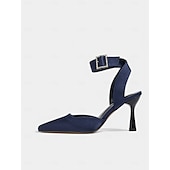 abordables Bal de promo-Escarpins à bride arrière en satin bleu marine pour femmes avec boucle en strass pour la remise des diplômes, le bal de fin d&#039;année et les occasions spéciales