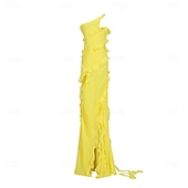 cheap YELLOW-Mermaid / Trumpet Yellow Dresses Ruffle Dress Semi Formal Wedding Guest Dress Asymmetrical Sleeveless One Shoulder with Slit