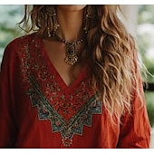 preiswerte Blumenblusen-Boho Bluse Damen Floral Grafik Bohemia Vintage Tropisch 3/4-Länge Ärmel V-Ausschnitt Reguläre Oberteile Rot Sommer Frühling