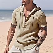 preiswerte Baumwoll-Leinenhemd-Herren Hemd Leinenhemd Popover-Hemd Freizeithemd Baumwollhemd Einfach Urlaub Straße Schwarz Weiß Gelb Marineblau Kurzarm Mit Kapuze Sommer Bekleidung Button-Down