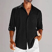 economico Casual da lavoro-Per uomo Camicia in cotone e lino Semplice Vacanza Casuale Nero Bianco Blu Manica Lunga Bavero Primavera &amp; Estate Abbigliamento