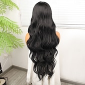 billiga Syntetiska peruker-Synthetic Lace Wig Body Wave Style 30 inch Black Middle Part 13x4 Lace Front Wig Women's Wig Black