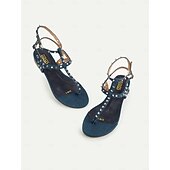 billige Ferietøfler-damersandaler med denim-pigger – flate sommersandaler med t-rem med ankelspenne, trendy fritidssko for tenåringer og unge kvinner, ideelt for ferier, strandturer og hverdagsantrekk