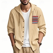 preiswerte Urlaub-Herren Knopfhemd Einfach Urlaub Straße Schwarz Weiß Khaki Grau Langarm Mit Kapuze Frühling &amp; Herbst Bekleidung Button-Down