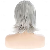 voordelige oudere pruik-gelaagde grijze pruiken voor vrouwen, schouderlange rechte pruik met pony, natuurlijk synthetisch cosplay vervangingshaar pruik